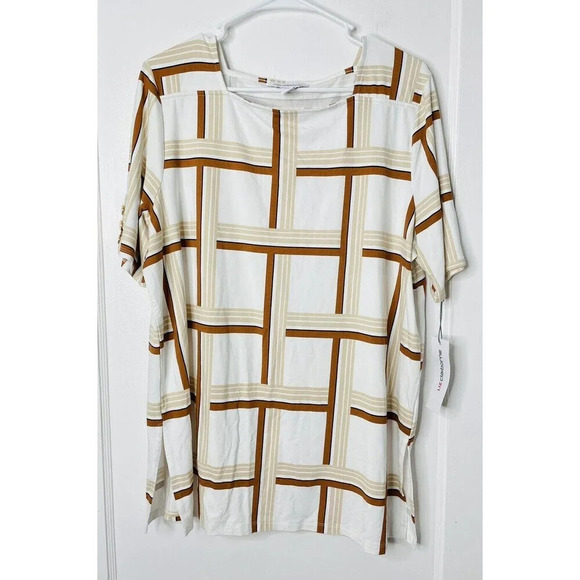 Liz Claiborne Tops - Liz Claiborne Tunic Shirt Plaid White Brown Sz XL Women Square Neck Stretch NWT